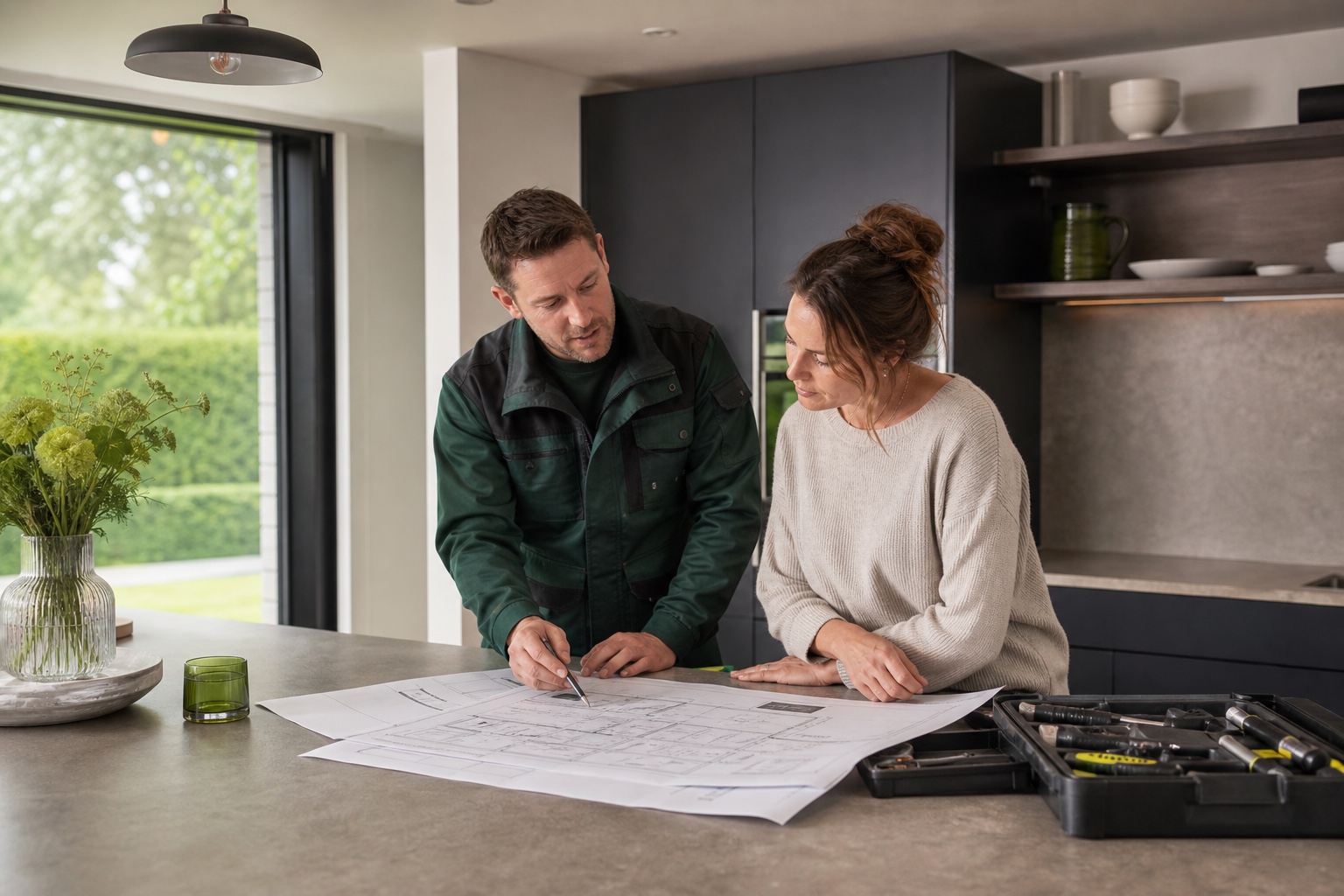 A homeowner planning work with a local tradesperson